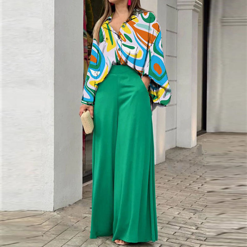 Loose And Elegant Casual Printed Shirt Top Wide Leg Pants Fashion Suit Yellow Green Pretty Picks