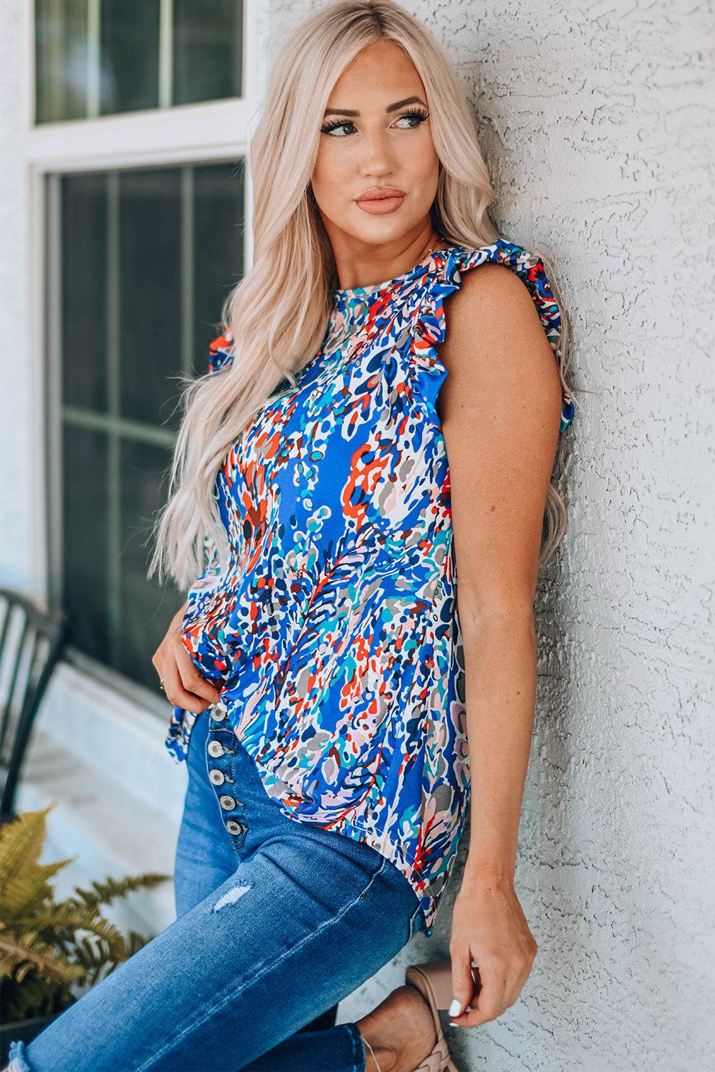 Abstract Print Ruffle Shoulder Top Pretty Picks