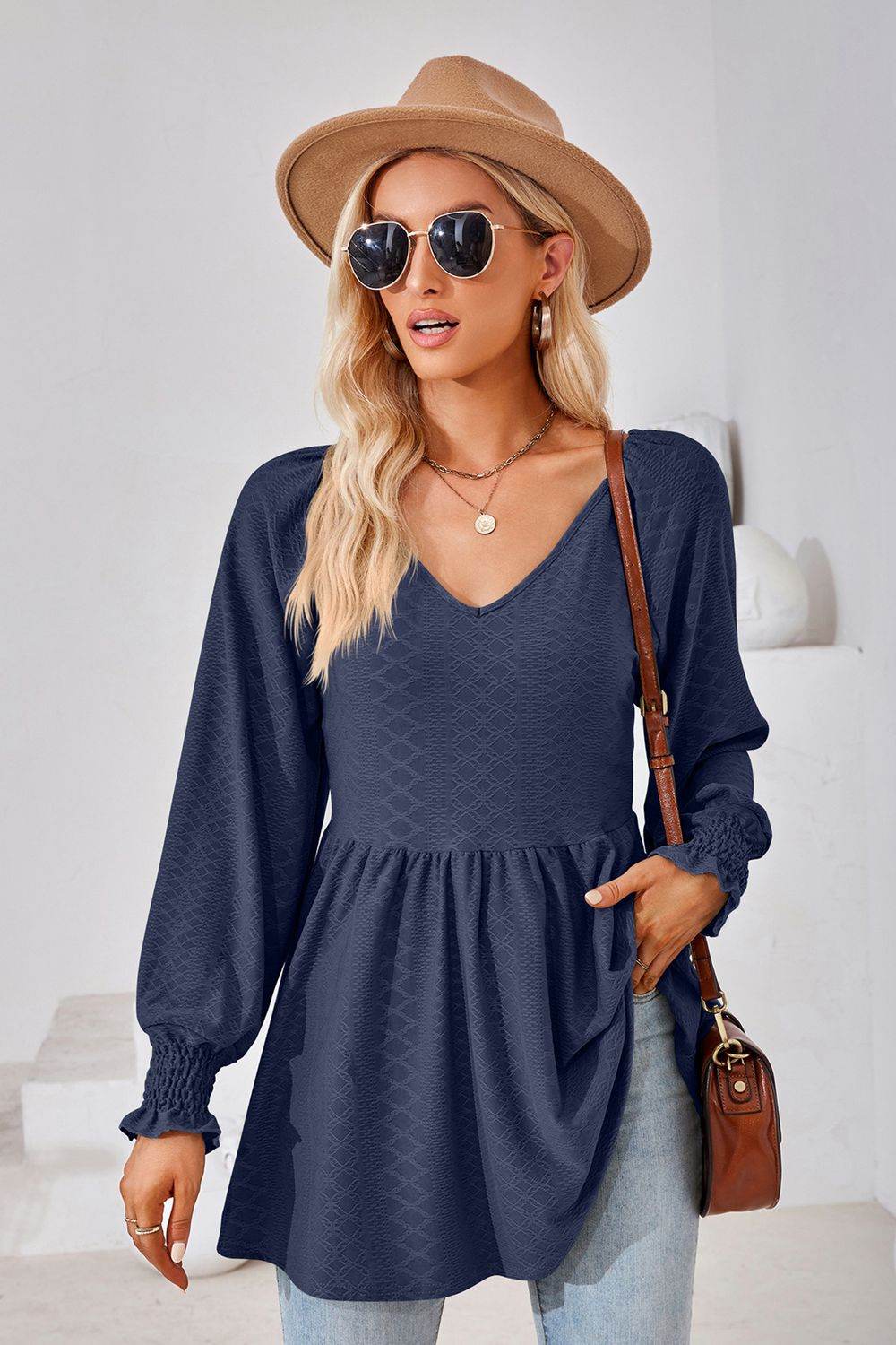 V-Neck Lantern Sleeve Blouse Dark Blue Pretty Picks