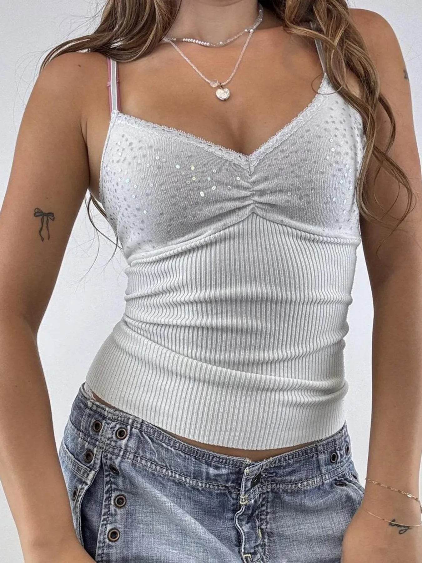 Sequin Lace Detail Cami Top Light Gray Pretty Picks