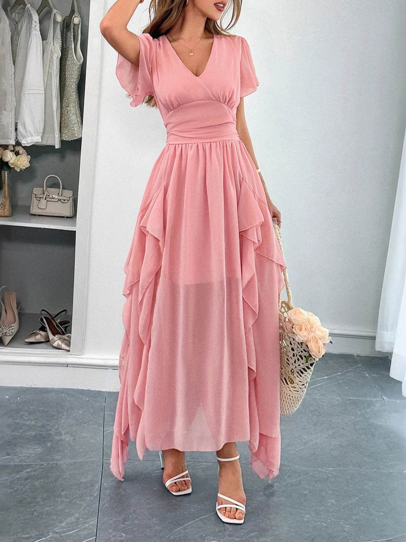 V-Neck Flutter Sleeve Dress Pretty Picks