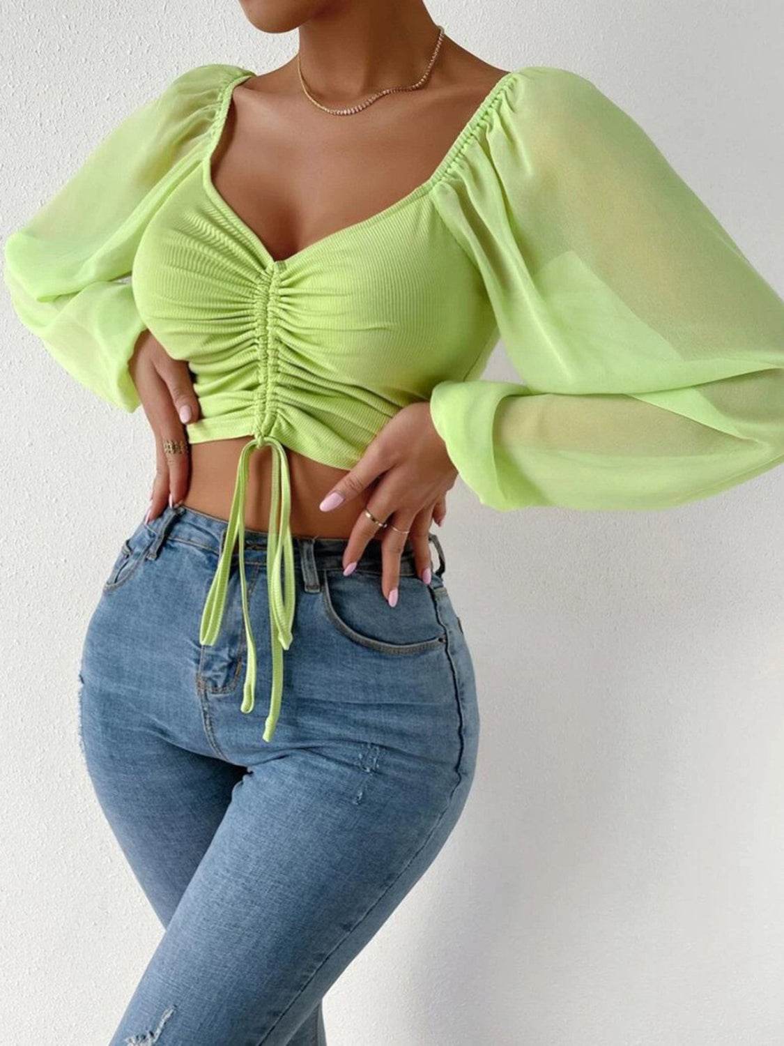 Drawstring Sweetheart Neck Cropped Top Lime Pretty Picks