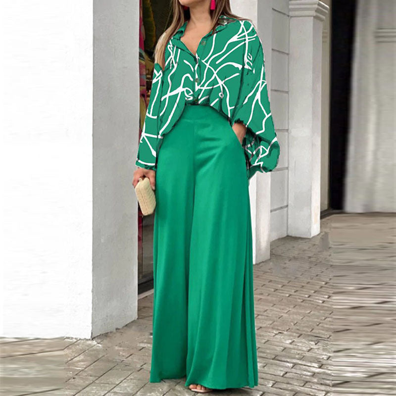 Loose And Elegant Casual Printed Shirt Top Wide Leg Pants Fashion Suit Light Green Pretty Picks