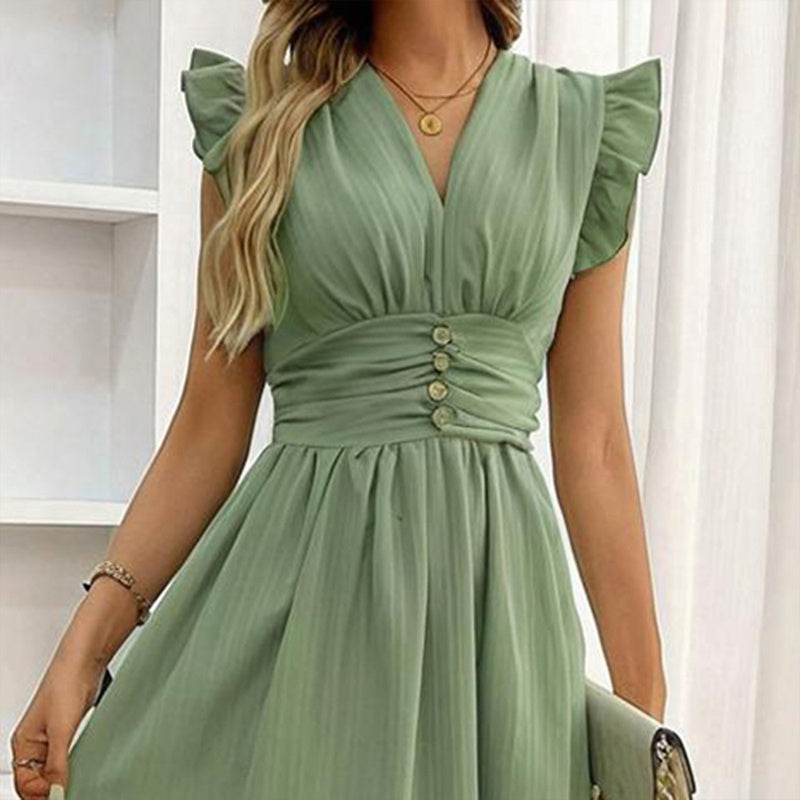 Women's Solid Color Sleeveless V-Neck Dress - High Waist Ruffled Hem Boho Flowy Summer Dress With Shoulder Frills Pretty Picks