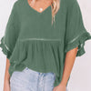 V-Neck Flounce Sleeve Babydoll Blouse Mid Green Pretty Picks