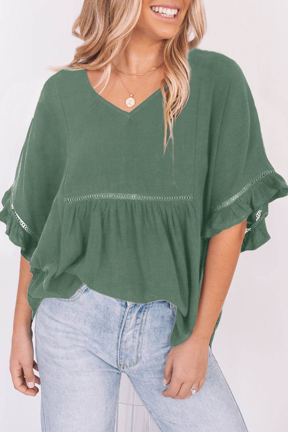 V-Neck Flounce Sleeve Babydoll Blouse Mid Green Pretty Picks