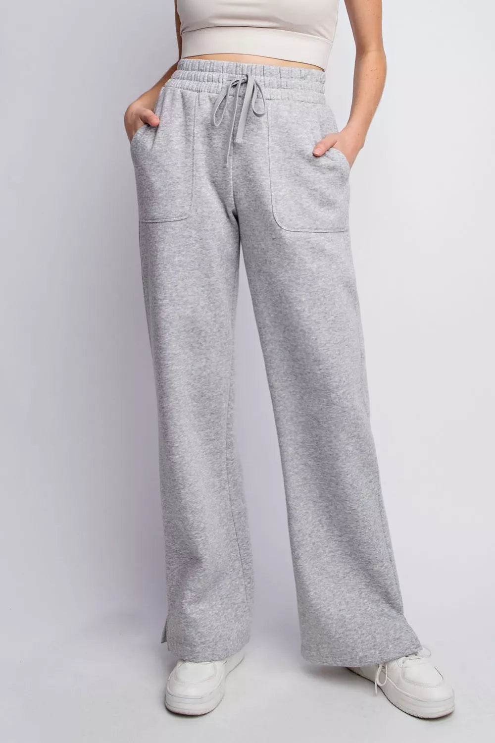 Faith Apparel Full Size Drawstring Straight Leg Slit Sweatpants H Grey Pretty Picks