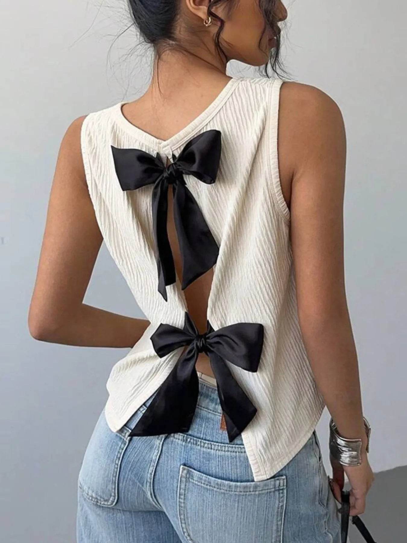 Bow Back Ribbed Tank Top Beige Pretty Picks