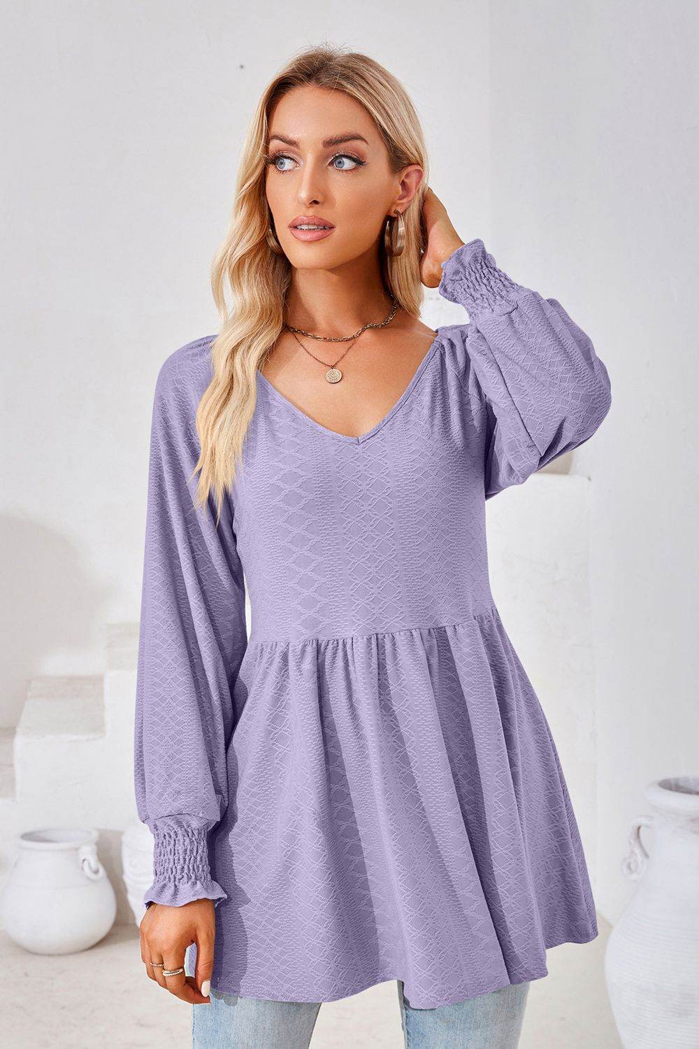 V-Neck Lantern Sleeve Blouse Pretty Picks