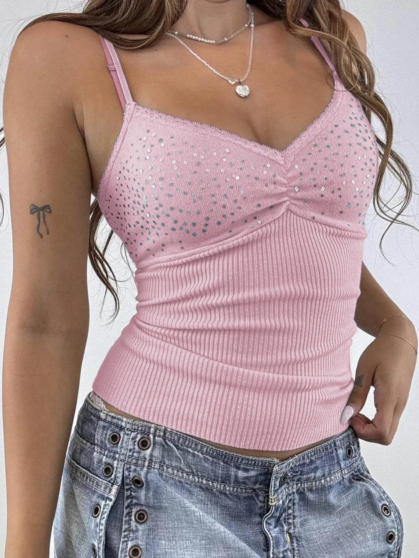 Sequin Lace Detail Cami Top Pink Pretty Picks
