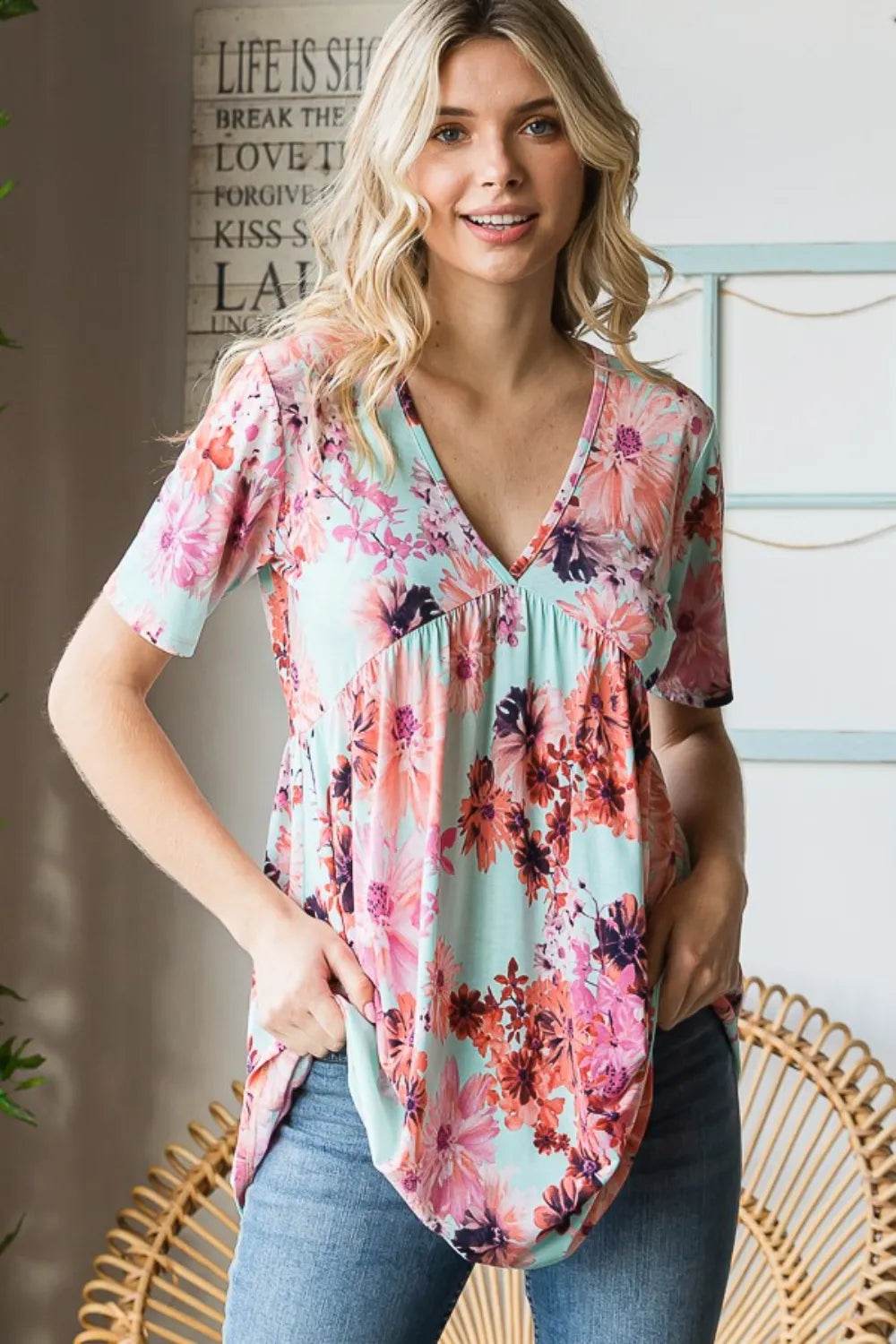 Heimish Full Size Floral V-Neck Short Sleeve Babydoll Blouse Pretty Picks