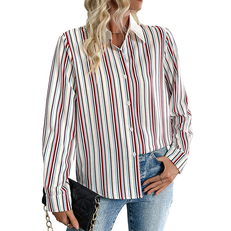 Lapel Color Vertical Striped Shirt For Women Pretty Picks
