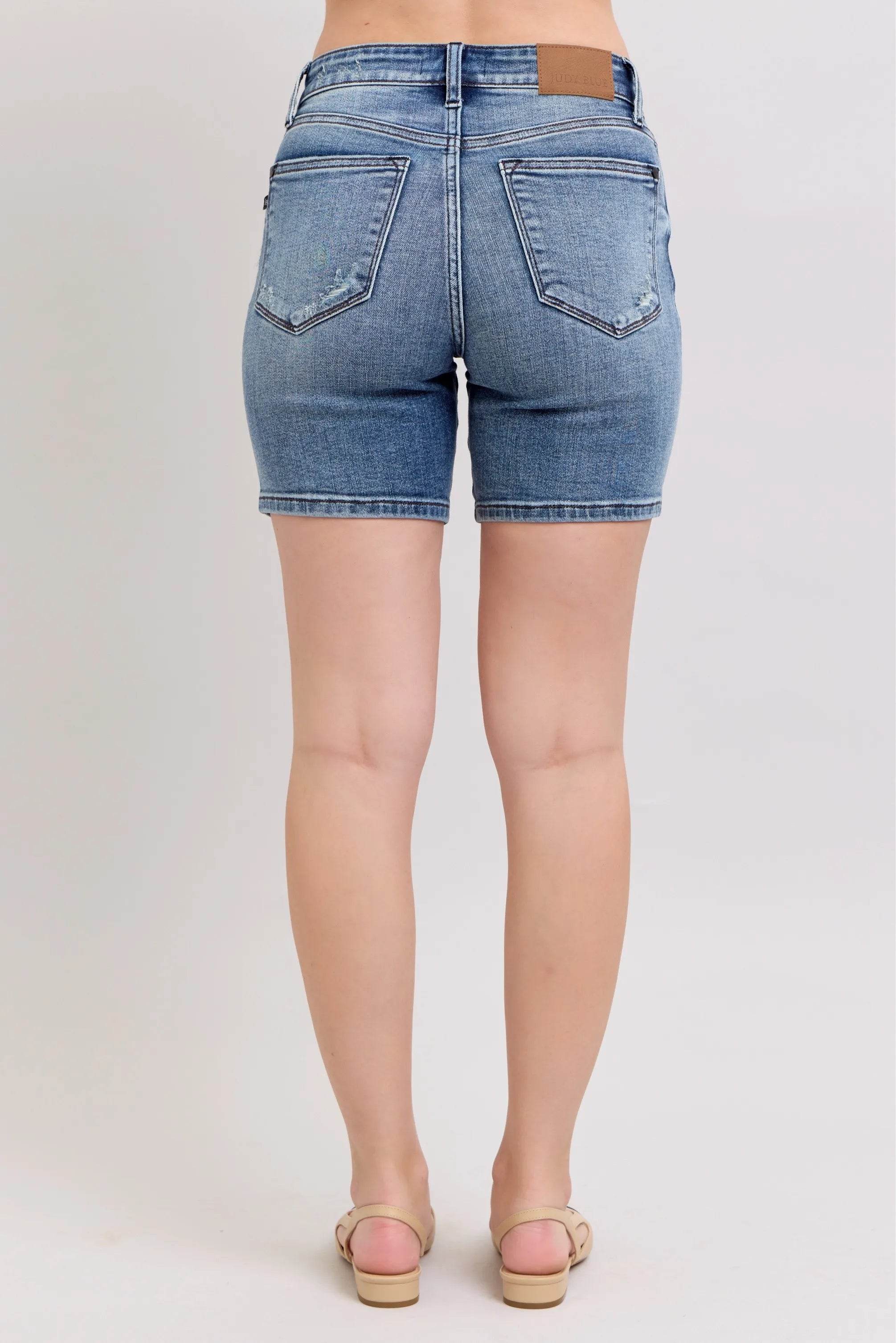 Judy Blue Button Fly Mid Length Denim Shorts W/ Destroy Pretty Picks