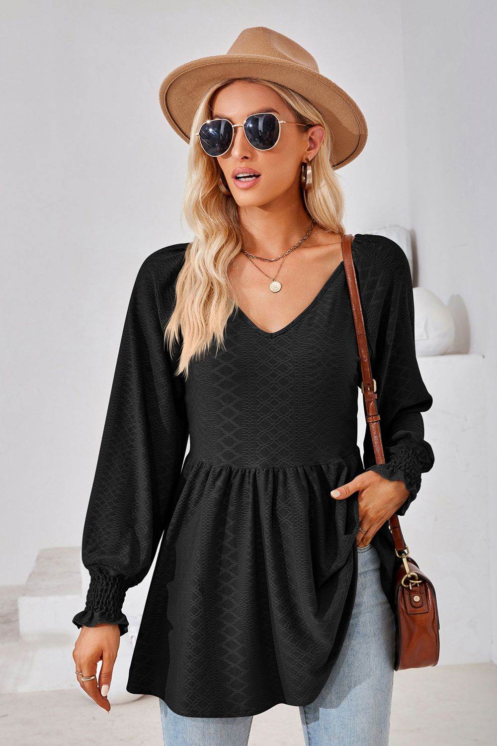 V-Neck Lantern Sleeve Blouse Black Pretty Picks