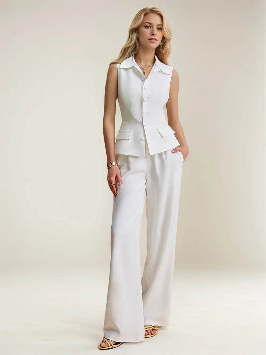 Button Up Vest and Pants Suit Set White Pretty Picks