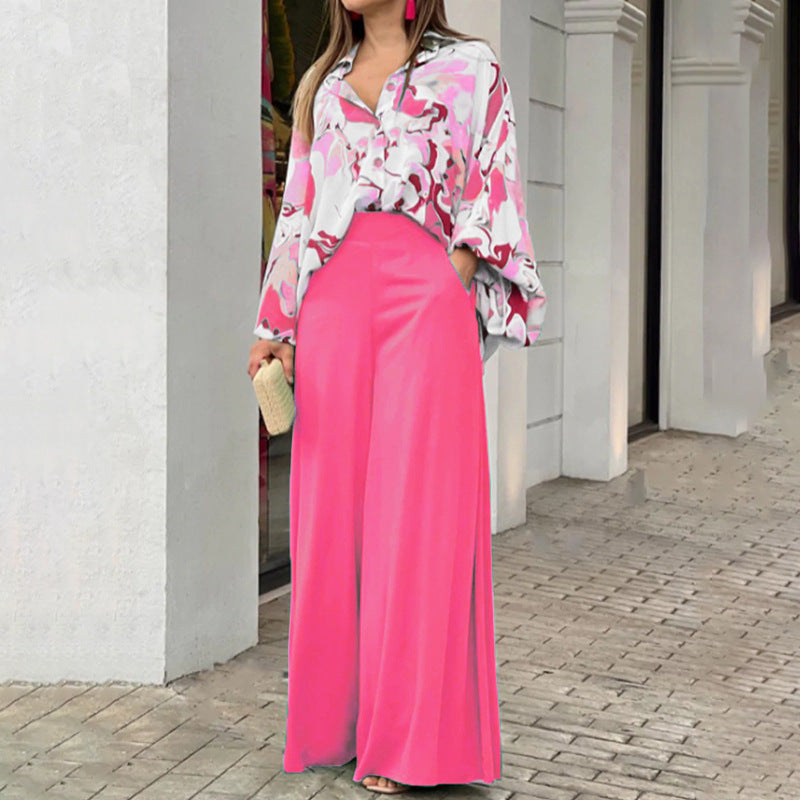 Loose And Elegant Casual Printed Shirt Top Wide Leg Pants Fashion Suit Pink Pretty Picks
