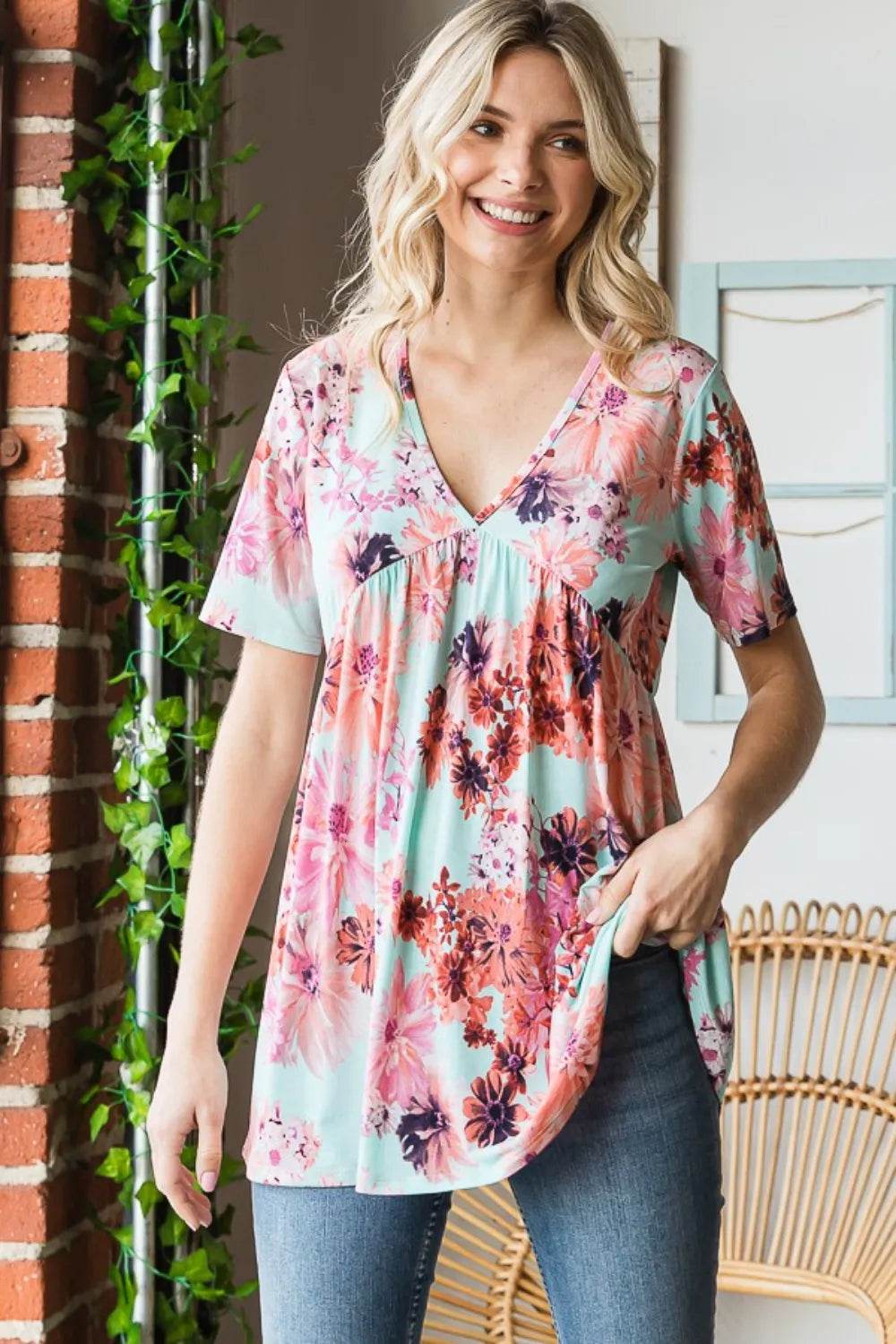 Heimish Full Size Floral V-Neck Short Sleeve Babydoll Blouse Pretty Picks
