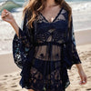 Lace V-Neck Three-Quarter Sleeve Cover Up Black One Size Pretty Picks