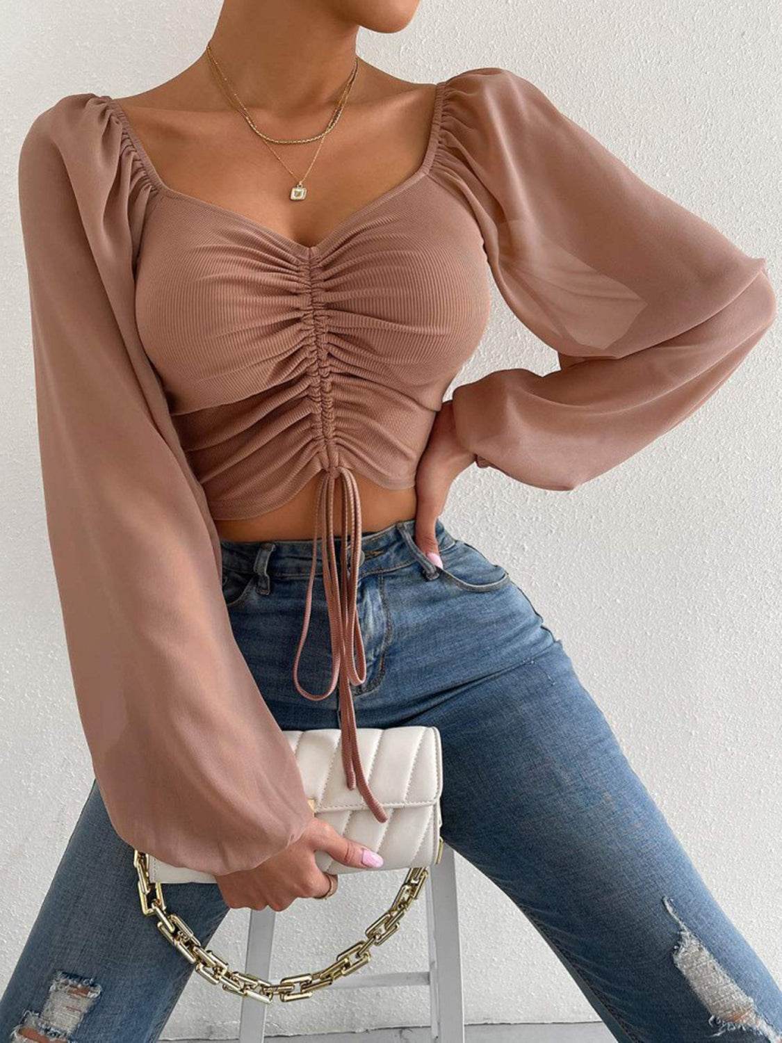 Drawstring Sweetheart Neck Cropped Top Camel Pretty Picks