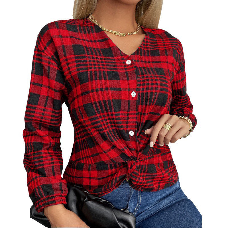 Women's Creative Plaid Casual Loose Shirt Red Pretty Picks