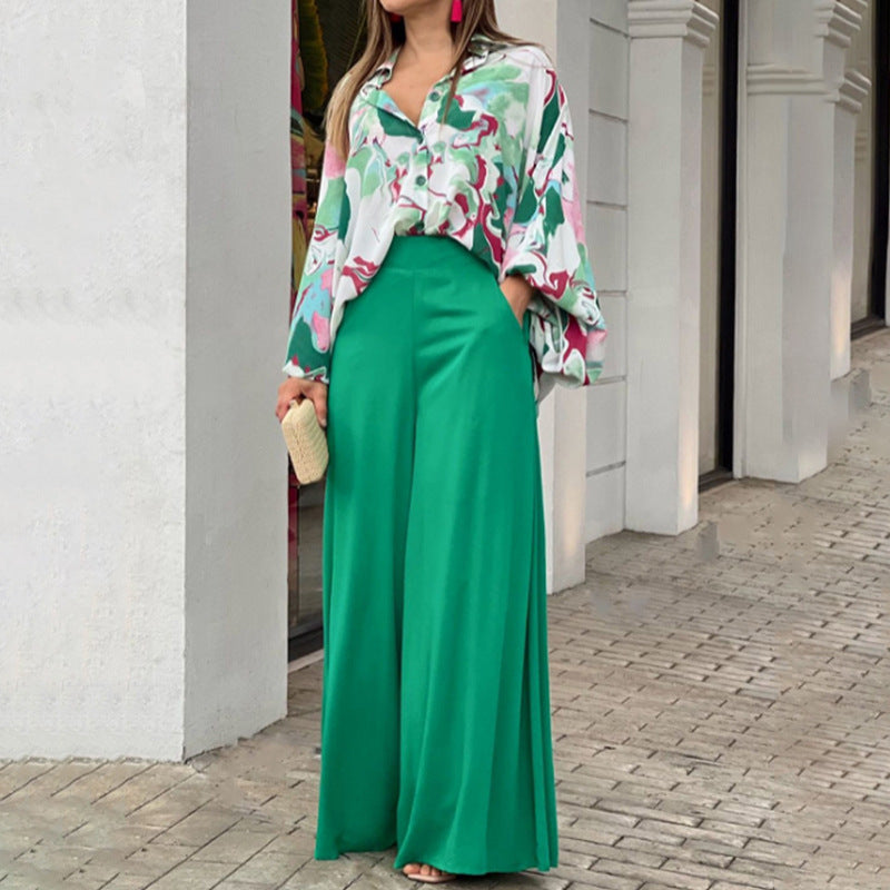 Loose And Elegant Casual Printed Shirt Top Wide Leg Pants Fashion Suit Pretty Picks