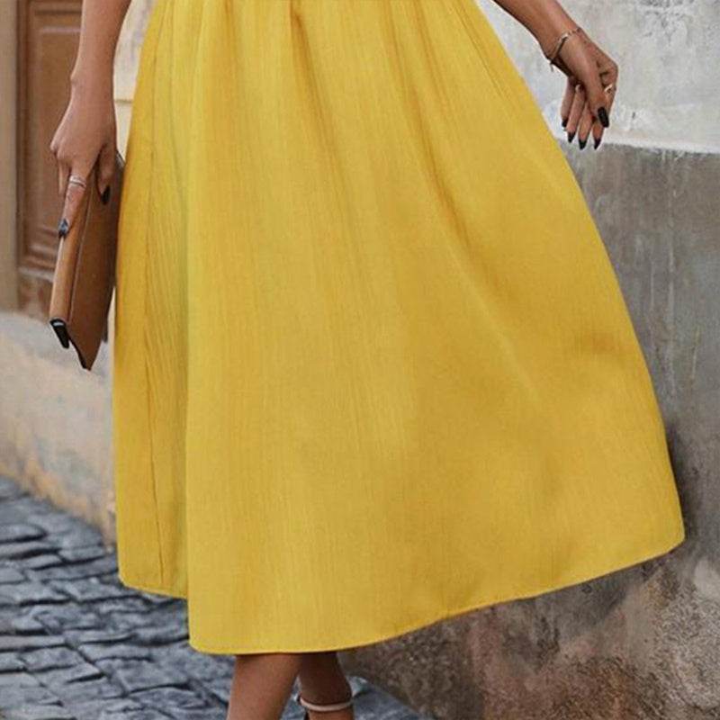 Women's Solid Color Sleeveless V-Neck Dress - High Waist Ruffled Hem Boho Flowy Summer Dress With Shoulder Frills Pretty Picks