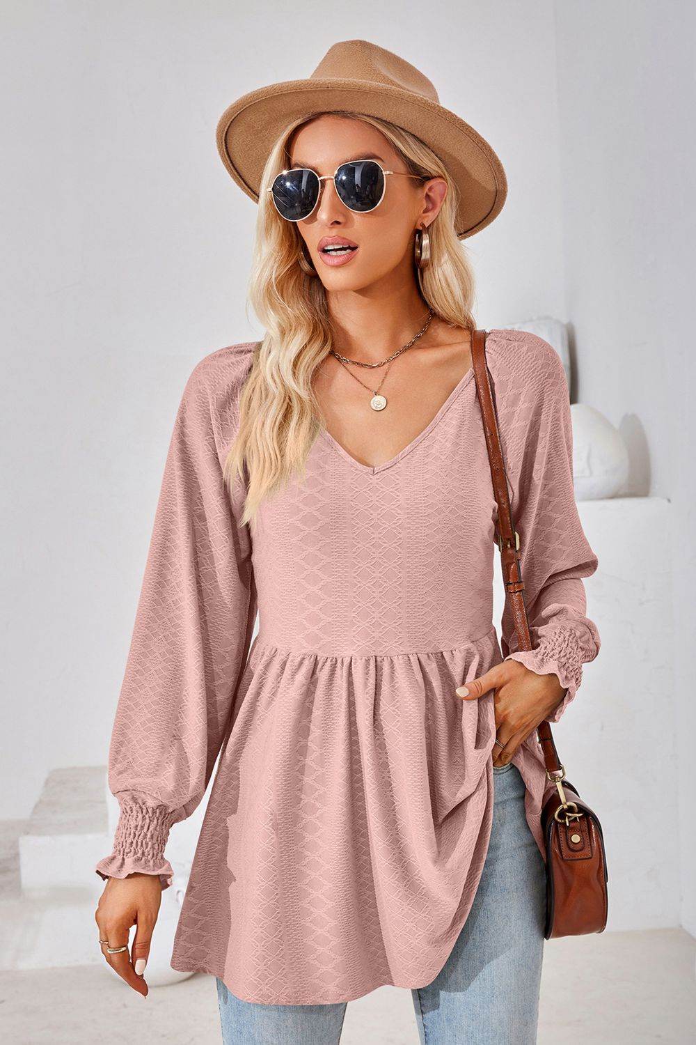 V-Neck Lantern Sleeve Blouse Dusty Pink Pretty Picks