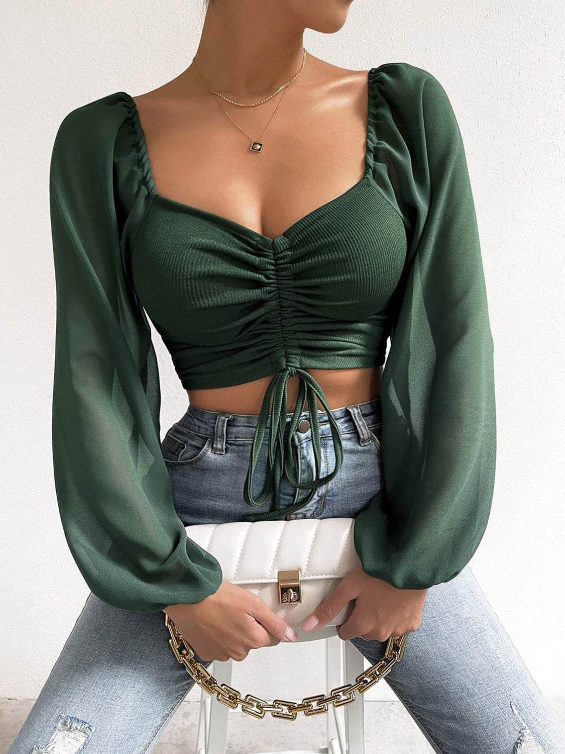 Drawstring Sweetheart Neck Cropped Top Army Green Pretty Picks