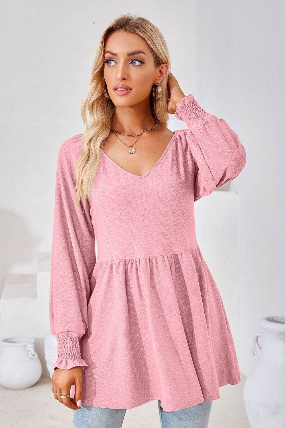 V-Neck Lantern Sleeve Blouse Pretty Picks