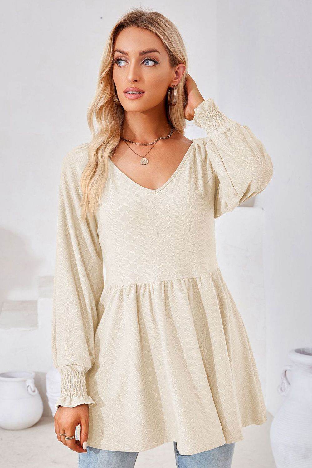V-Neck Lantern Sleeve Blouse Pretty Picks