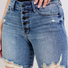 Judy Blue Button Fly Mid Length Denim Shorts W/ Destroy MD Pretty Picks