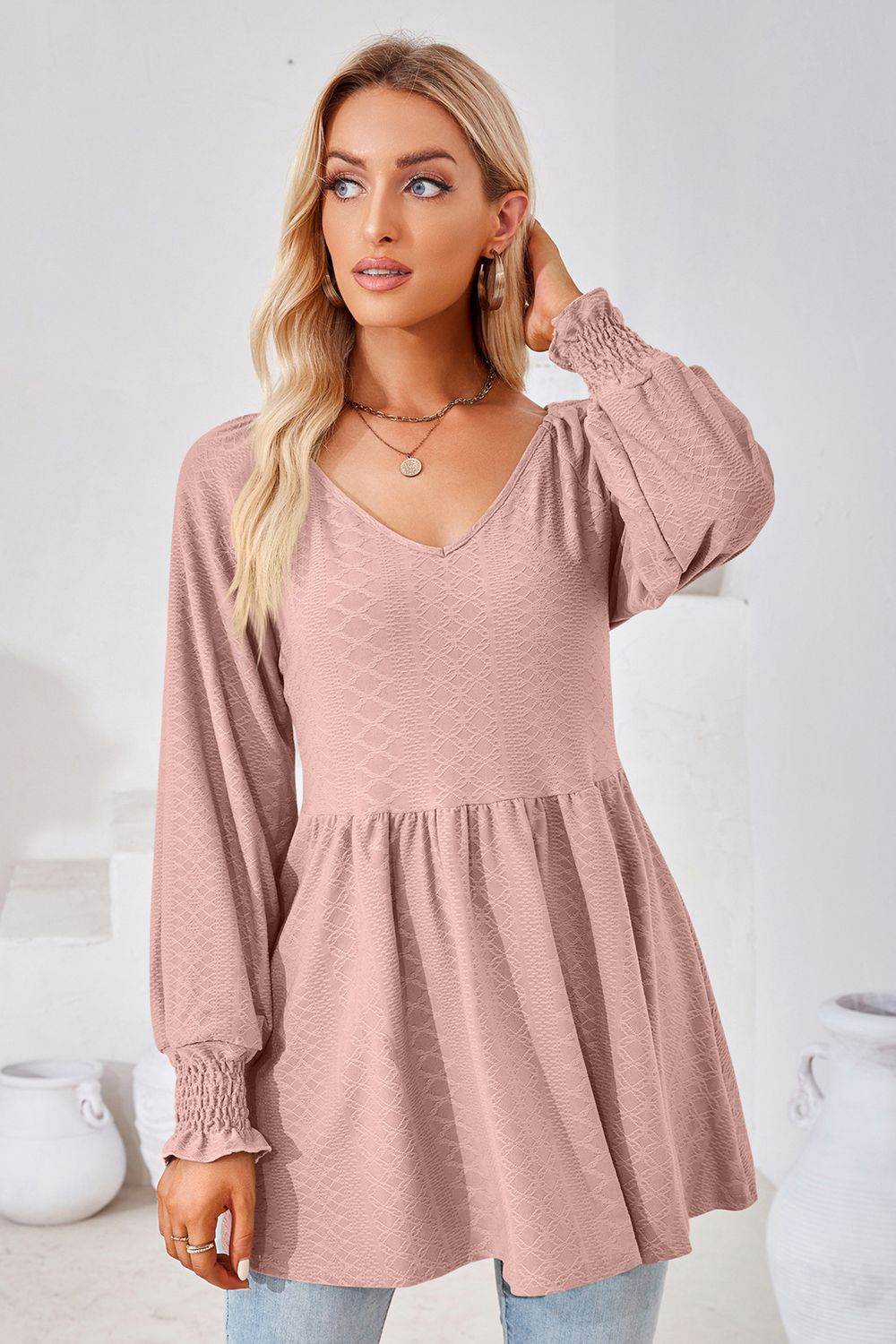 V-Neck Lantern Sleeve Blouse Pretty Picks