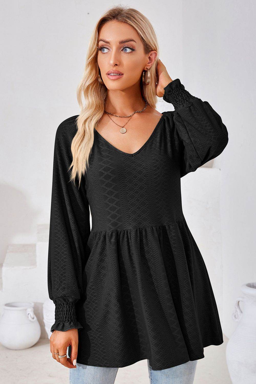 V-Neck Lantern Sleeve Blouse Pretty Picks