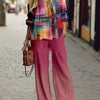 Half Sleeve Round Neck Top Lengthened Trousers Printed Women's Suit Rose Red Pretty Picks