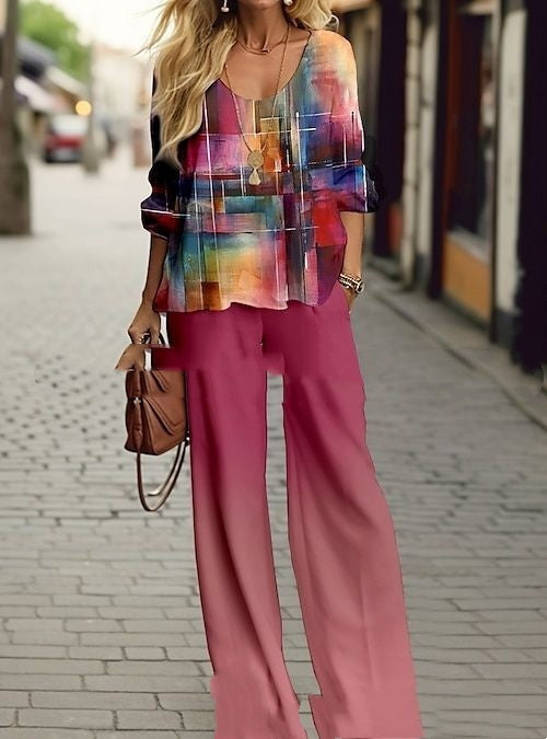 Half Sleeve Round Neck Top Lengthened Trousers Printed Women's Suit Rose Red Pretty Picks