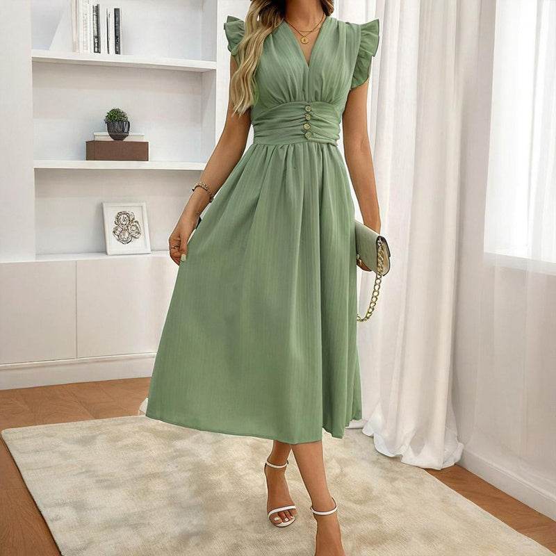 Women's Solid Color Sleeveless V-Neck Dress - High Waist Ruffled Hem Boho Flowy Summer Dress With Shoulder Frills Light Green Pretty Picks
