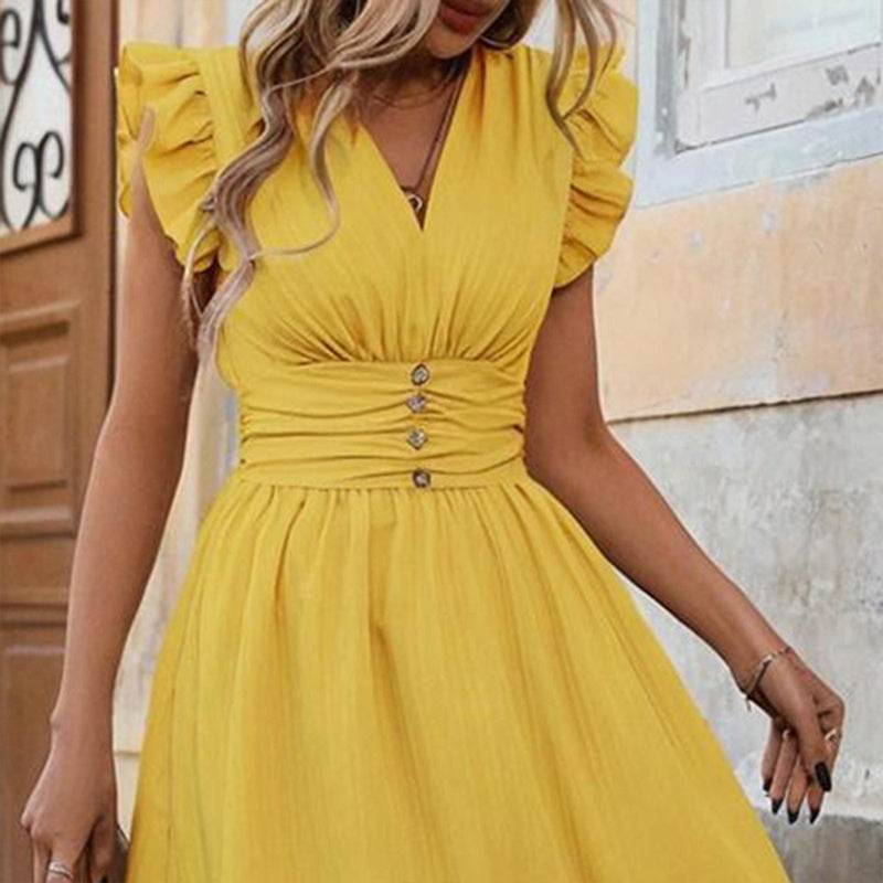 Women's Solid Color Sleeveless V-Neck Dress - High Waist Ruffled Hem Boho Flowy Summer Dress With Shoulder Frills Pretty Picks