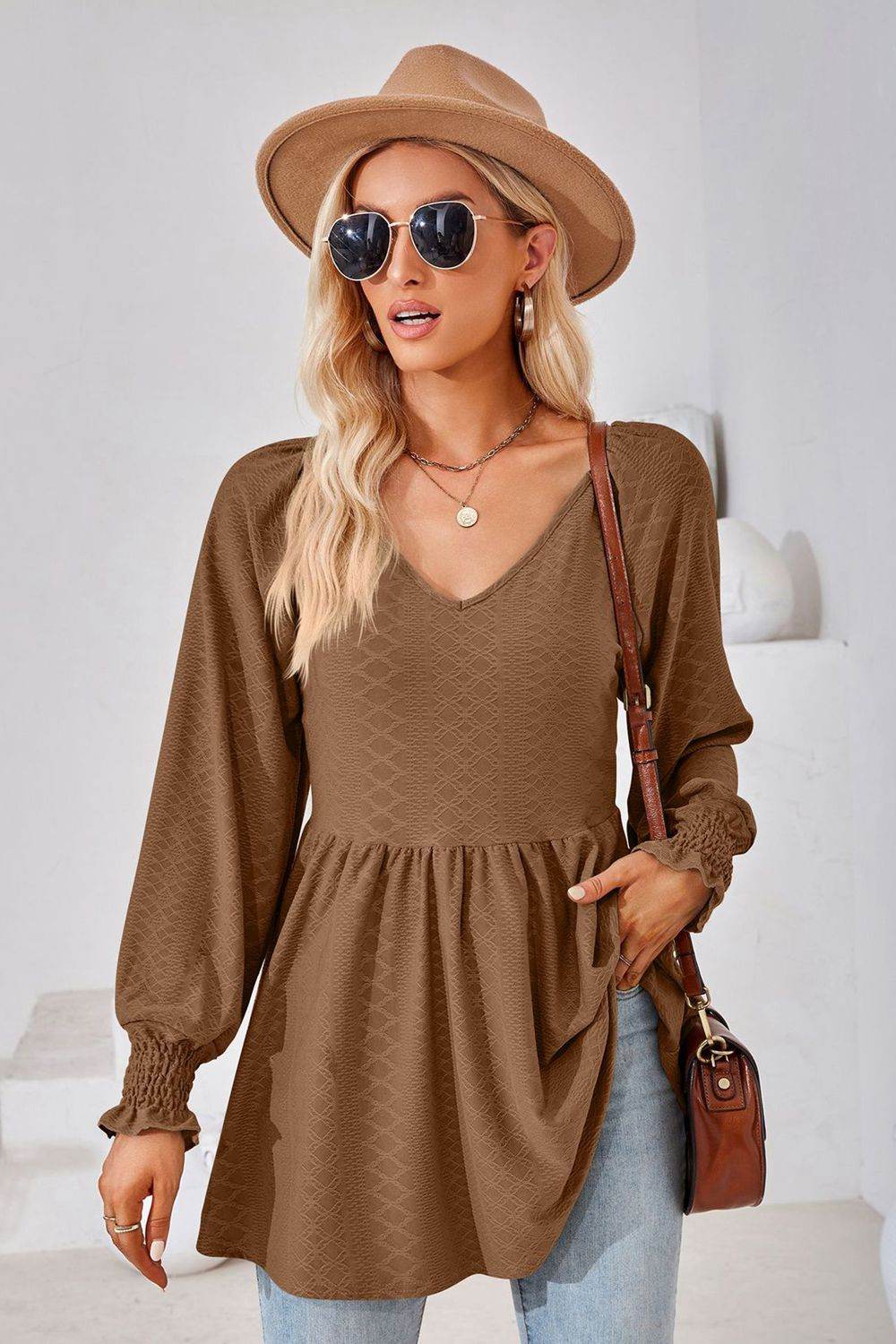 V-Neck Lantern Sleeve Blouse Brown Pretty Picks