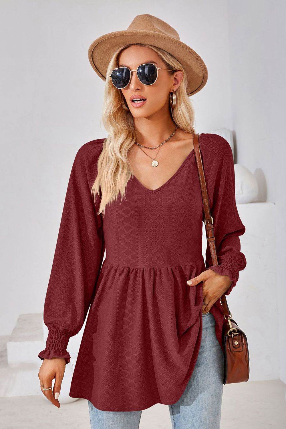 V-Neck Lantern Sleeve Blouse Burgundy Pretty Picks