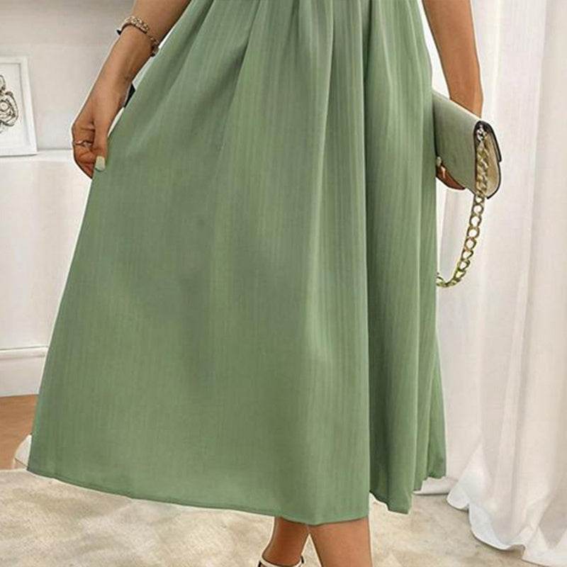 Women's Solid Color Sleeveless V-Neck Dress - High Waist Ruffled Hem Boho Flowy Summer Dress With Shoulder Frills Pretty Picks