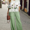 Half Sleeve Round Neck Top Lengthened Trousers Printed Women's Suit Grass Green Pretty Picks