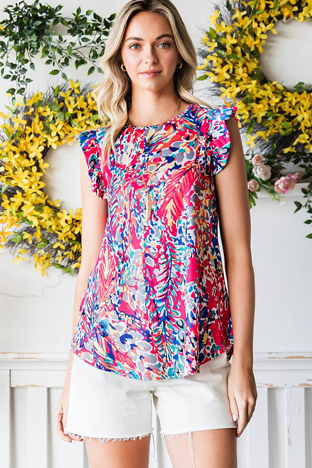 Abstract Print Ruffle Shoulder Top Pretty Picks