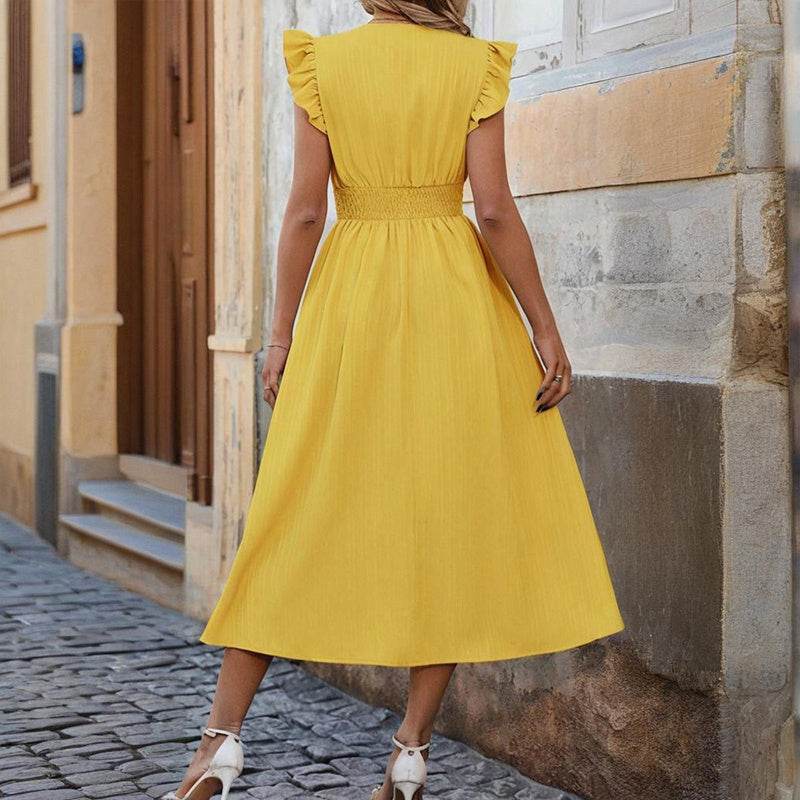 Women's Solid Color Sleeveless V-Neck Dress - High Waist Ruffled Hem Boho Flowy Summer Dress With Shoulder Frills Pretty Picks