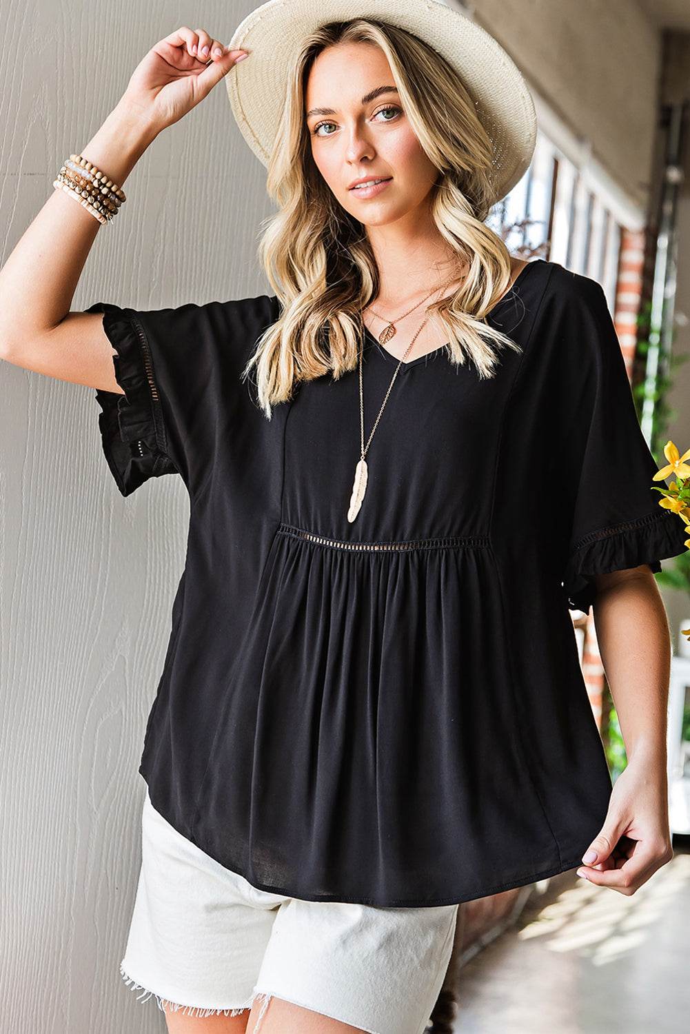V-Neck Flounce Sleeve Babydoll Blouse Pretty Picks