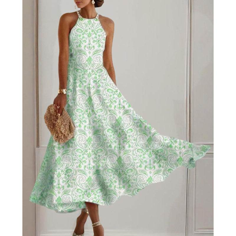 Women's Boho Halter Dress – Flowy Floral Summer Sundress Light Green Pretty Picks