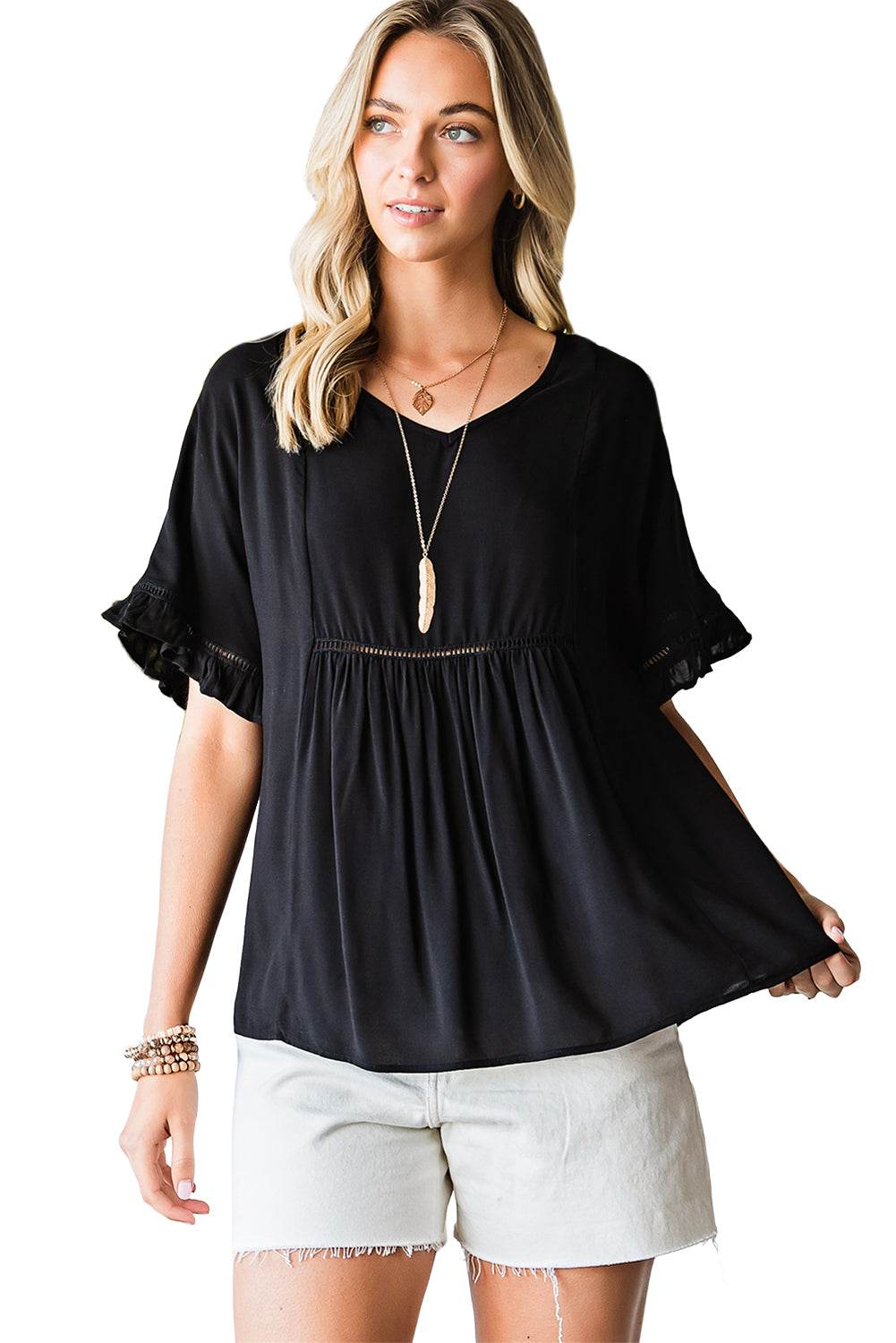 V-Neck Flounce Sleeve Babydoll Blouse Pretty Picks