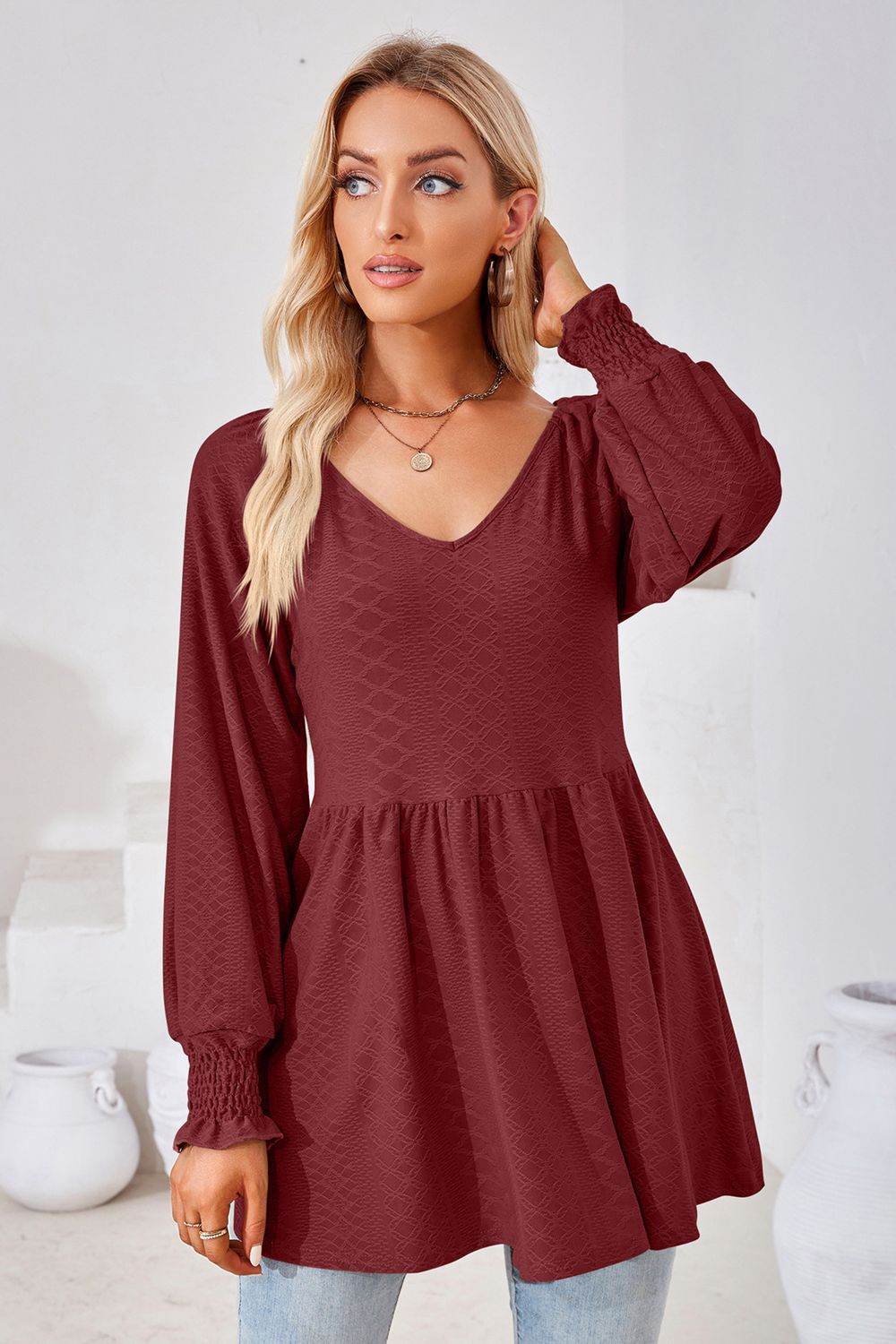 V-Neck Lantern Sleeve Blouse Pretty Picks