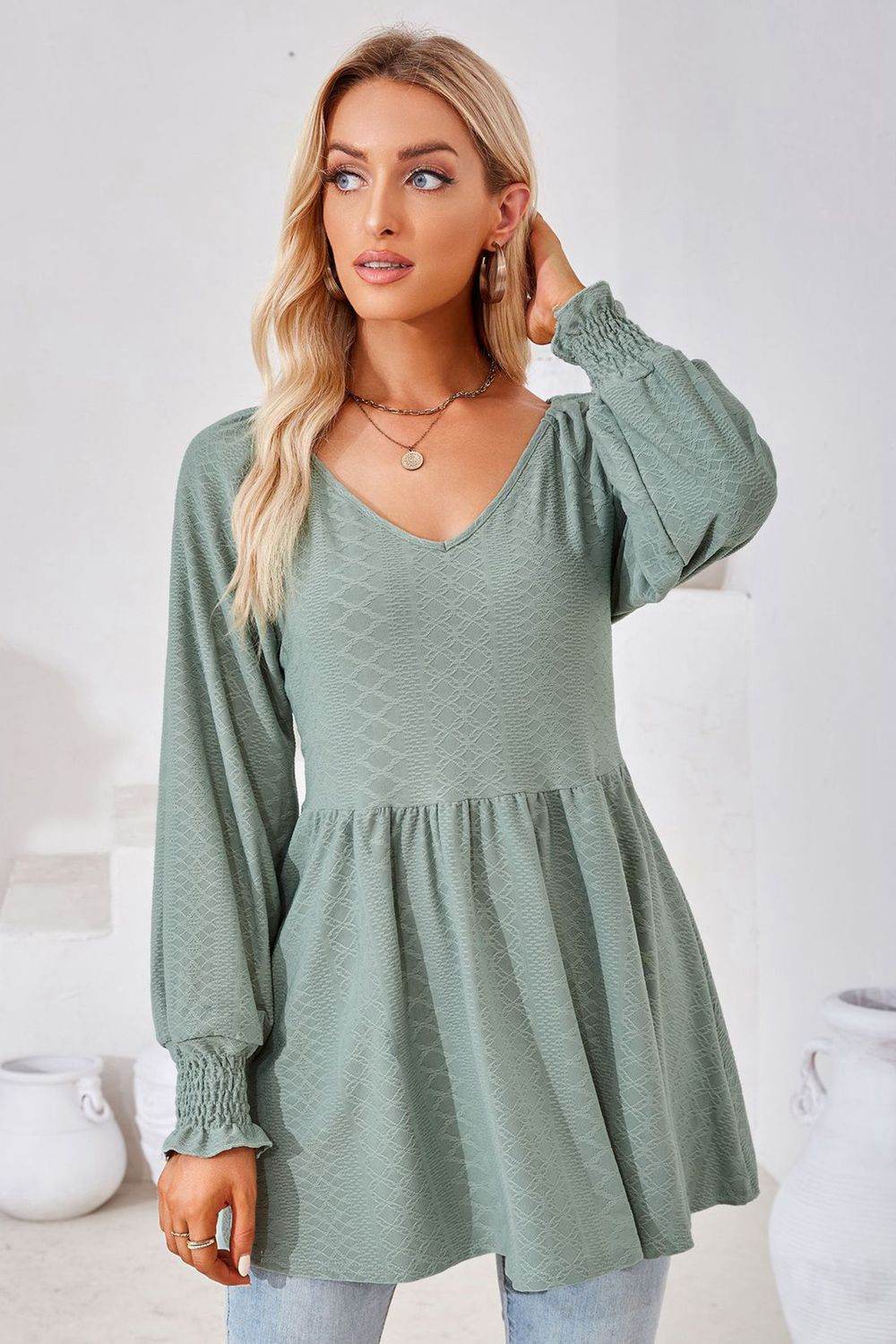 V-Neck Lantern Sleeve Blouse Pretty Picks