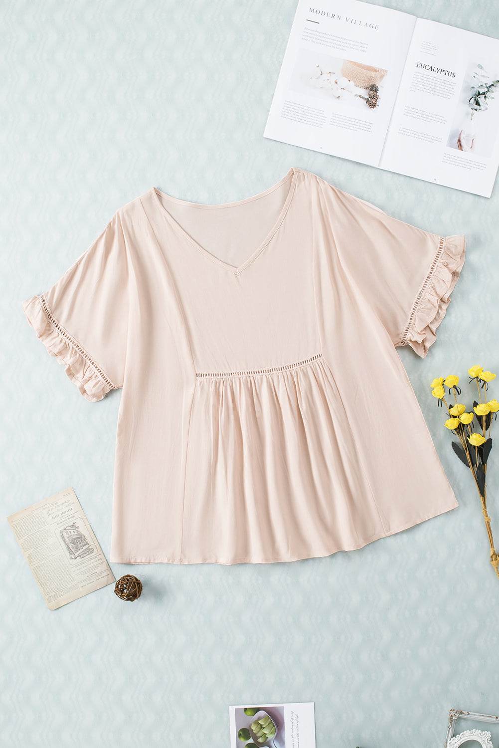 V-Neck Flounce Sleeve Babydoll Blouse Light Apricot Pretty Picks