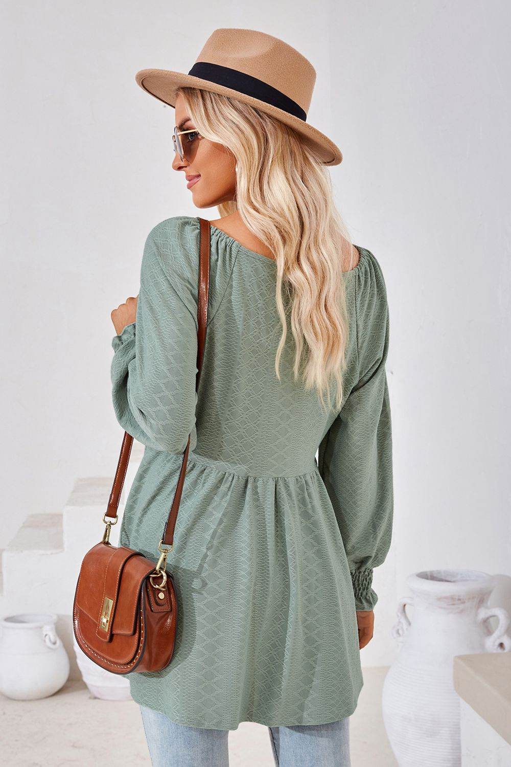 V-Neck Lantern Sleeve Blouse Pretty Picks